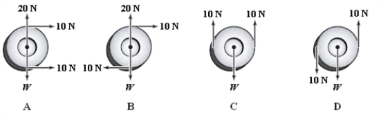<strong>The diagrams below show forces applied to a wheel that weighs 20 N. The symbol W stands for the weight. In which diagram(s) is(are) the wheel in equilibrium? </strong> A) A B) B C) C D) D E) A and C