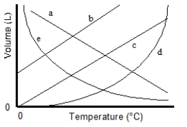 <strong>Which of the lines on the figure below is the best representation of the relationship between the volume of a gas and its Celsius temperature, other factors remaining constant? </strong> A)a B)b C)c D)d E)e