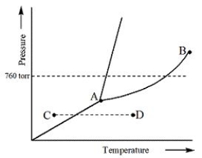 <strong>Examine the phase diagram for the substance Bogusium (Bo) and select the correct statement. </strong> A)Bo( s)has a lower density than Bo( l). B)The triple point for Bo is at a higher temperature than the melting point for Bo. C)Bo changes from a solid to a liquid as one follows the line from C to D. D)Bo changes from a liquid to a gas as one follows the line from C to D. E)Point B represents the critical temperature and pressure for Bo.