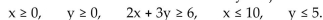 Solve the linear programming problem. -Maximize and minimize z = 12x + 10y subject to: