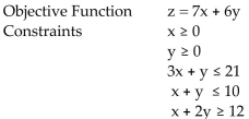 An objective function and a system of linear inequalities representing constraints are given. Graph the system of inequalities representing the constraints. Find the value of the objective function at each corner of the graphed region. Use these values to determine the maximum value of the objective function and the values of x and y for which the maximum occurs. C -