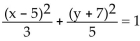 <strong>Find the center, foci, and vertices of the ellipse. </strong> A) center: (5, -7); foci: (6.4, -7), (3.6, -7); vertices: (7.2, -7), (2.8, -7) B) center: (5, -7); foci: (6.4, -7), (3.6, -7); vertices: (7.2, -7), (2.8, -7) C) center: (-5, 7); foci: (-3.6, 7), (-6.4, 7); vertices: (-7.2, 7), (-2.8, 7) D) center: (-5, 7); foci: (-3.6, 7), (-6.4, 7); vertices: (-7.2, 7), (-2.8, 7)