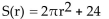 Write the word or phrase that best completes each statement or answers the question. The surface area S (in square inches)of a cylindrical pipe with length 12 inches is given by πr, where r is the radius of the piston (in inches). If the radius is increasing with time t (in minutes)according to the formula , find the surface area S of the pipe as a function of the time t.