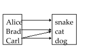 <strong>Determine whether the relation represents a function. If it is a function, state the domain and range. </strong> A)function domain: {Alice, Brad, Carl} Range: {snake, cat, dog} B)function domain: {snake, cat, dog} Range: {Alice, Brad, Carl}