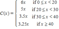 <strong>The function that gives the cost of a certain commodity is defined by Where x is the number of pounds of a certain commodity sold and C(x) is measured in dollars. Sketch the graph of the function C. Determine the values of x for which the function C is discontinuous. </strong> A) x = 20, 30, 40 B) x = 50, 60 C) x = 20, 30, 40