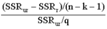 <strong>Which of the following correctly defines F statistic if SSRr represents sum of squared residuals from the restricted model of hypothesis testing, SSRur represents sum of squared residuals of the unrestricted model, and q is the number of restrictions placed?</strong> A)F = B)F = C)F = D)F =