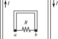 <strong>Lenz's law: In the figure, two parallel wires carry currents of magnitude I in opposite directions. A rectangular loop is midway between the wires. The current I is decreasing with time. The induced current through the resistor R is </strong> A) from a to b. B) from b to a. C) There is no induced current through the resistor.