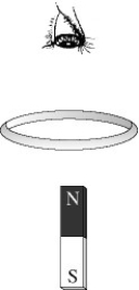 <strong>Lenz's law: A bar magnet is held vertically with its upper end a little bit below the center of a horizontal metal ring. The upper end of the magnet is its north pole, as shown in the figure. The bar magnet is now dropped. An observer views the ring from above its center. To this observer, how will the induced current in the ring behave as the magnet falls? </strong> A) The current will flow clockwise and be increasing. B) The current will flow clockwise and be decreasing. C) The current will flow counter-clockwise and be increasing. D) The current will flow counter-clockwise and be decreasing. E) The induced current will be zero.