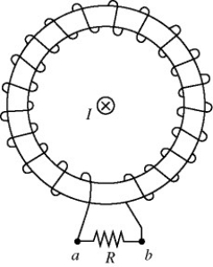 <strong>Lenz's law: In the figure, a straight wire carries a current I. The wire passes through the center of a toroidal coil. If the current in the wire is quickly reduced to zero, the induced current through the resistor R is </strong> A) from a to b. B) from b to a. C) There is no induced current through the resistor.