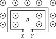<strong>Lenz's law: In the figure, a C-shaped conductor is in a uniform magnetic field B, which is increasing. The polarity of the induced emf in terminals X and Y is </strong> A) X and Y are at the same potential. B) X is positive and Y is negative. C) X is negative and Y is positive.