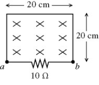 <strong>Faraday's law: As shown in the figure, a wire and a 10-Ω resistor are used to form a circuit in the shape of a square, 20 cm by 20 cm. A uniform but nonsteady magnetic field is directed into the plane of the circuit. The magnitude of the magnetic field is decreased from 1.50 T to 0.50 T in a time interval of 63 ms. The average induced current and its direction through the resistor, in this time interval, are closest to </strong> A) 63 mA, from b to a. B) 38 mA, from b to a. C) 63 mA, from a to b. D) 38 mA, from a to b. E) 95 mA, from a to b.