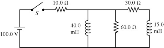 LR circuits: For the circuit shown in the figure, the inductors have no appreciable resistance and the switch has been open for a very long time. (a) The instant after closing the switch, what is the current through the 60.0-Ω resistor? (b) The instant after closing the switch, what is the potential difference across the 15.0-mH inductor? (c) After the switch has been closed and left closed for a very long time, what is the potential drop across the 60.0-Ω resistor?