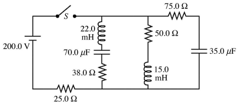 LR circuits: For the circuit shown in the figure, the switch has been open for a very long time. (a) What is the potential drop across the 15.0-mH inductor just after closing the switch? (b) What is the potential drop across the 70.0-µF capacitor after the switch has been closed for a very long time?