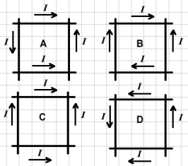 <strong>Field due to a long wire: The figure shows four different sets of insulated wires that cross each other at right angles without actually making electrical contact. The magnitude of the current is the same in all the wires, and the directions of current flow are as indicated. For which (if any) configuration will the magnetic field at the center of the square formed by the wires be equal to zero? </strong> A) A B) B C) C D) D E) The field is not equal to zero in any of these cases.