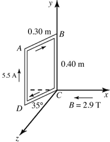 <strong>Torque: A rigid rectangular loop, which measures 0.30 m by 0.40 m, carries a current of 5.5 A, as shown in the figure. A uniform external magnetic field of magnitude 2.9 T in the negative x direction is present. Segment CD is in the xz-plane and forms a 35° angle with the z-axis, as shown. Find the magnitude of the external torque needed to keep the loop in static equilibrium. </strong> A) 1.1 N ∙ m B) 0.73 N ∙ m C) 1.3 N ∙ m D) 1.4 N ∙ m E) 1.6 N ∙ m