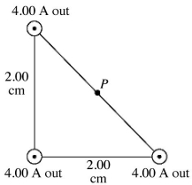 <strong>Field of a long wire: Three very long, straight, parallel wires each carry currents of 4.00 A, directed out of the page as shown in the figure. The wires pass through the vertices of a right isosceles triangle of side 2.00 cm. What is the magnitude of the magnetic field at point P at the midpoint of the hypotenuse of the triangle? </strong> A) 4.42 × 10<sup>-6</sup> T B) 1.77 × 10<sup>-5</sup> T C) 5.66 × 10<sup>-5</sup> T D) 1.26 × 10<sup>-4</sup> T E) 1.77 × 10<sup>-6</sup> T