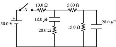 <strong>RC circuits: For the circuit shown in the figure, the capacitors are all initially uncharged, the connecting leads have no resistance, the battery has no appreciable internal resistance, and the switch S is originally open.   (a) Just after closing the switch S, what is the current in the 15.0-Ω resistor? A) 0.00 A B) 1.67 A C) 2.50 A D) 3.33 A E) 5.00 A (b) After the switch S has been closed for a very long time, what is the potential difference across the 28.0-μF capacitor?</strong> A) 0.00 V B) 25.0 V C) 3.33 V D) 37.5 V E) 50.0 V <div style=padding-top: 35px> 