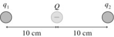 <strong>Coulomb's law: In the figure, all the charges are point charges and the charge in the middle is For what charge q<sub>1</sub> will charge q<sub>2</sub> be in static equilibrium? </strong> A) 12 nC B) 6.2 nC C) 3.1 nC D) 25 nC