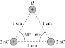 <strong>Coulomb's law: In the figure Q = 5.8 nC and all other quantities are accurate to 2 significant figures. What is the magnitude of the force on the charge Q? (k = 1/4πε<sub>0</sub> = 8.99 × 10<sup>9</sup> N ∙ m<sup>2</sup>/C<sup>2</sup>) </strong> A) 1.8 × 10<sup>-3</sup> N B) 1.0 × 10<sup>-3</sup> N C) 9.0 × 10<sup>-4</sup> N D) 1.2 × 10<sup>-3</sup> N