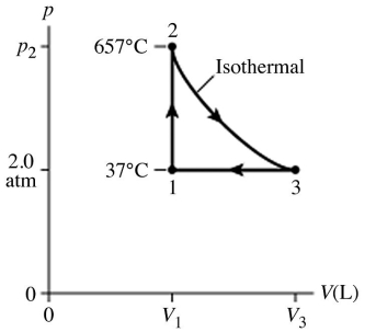 <strong>Type of thermodynamic processes: The figure (not to scale) shows a pV diagram for 1.8 g of helium gas (He) that undergoes the process 1 → 2 → 3. Find the value of V<sub>3</sub>. The ideal gas constant is R = 8.314 J/mol ∙ K = 0.0821 L ∙ atm/mol ∙ K, and the atomic weight of helium is 4.0 g/mol.  </strong> A) 17 L B) 69 L C) 34 L D) 8.6 L <div style=padding-top: 35px> 