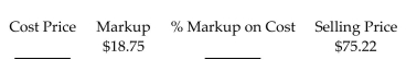 <strong>Find the missing numbers. Round rates to the nearest tenth of a percent and dollar amounts to the nearest cent. </strong> A)Cost Price: $75.22 % Markup on Cost: 24.9% B)Cost Price: $56.47 % Markup on Cost: 33.2% C)Cost Price: $93.97 % Markup on Cost: 24.9% D)Cost Price: $93.97 % Markup on Cost: 20.0%