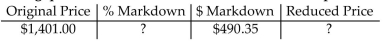 <strong>Find the missing quantities. Round rates to the nearest whole percent and money to the nearest cent. </strong> A)% Markdown = 35% Reduced price = $910.65 B)% Markdown = 35% Reduced price = $1,891.35 C)% Markdown = 65% Reduced price = $490.35 D)% Markdown = 65% Reduced price = $910.65