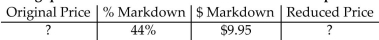 <strong>Find the missing quantities. Round rates to the nearest whole percent and money to the nearest cent. </strong> A)Original price = $22.61 Reduced price = $32.56 B)Original price = $12.66 Reduced price = $22.61 C)Original price = $14.33 Reduced price = $4.38 D)Original price = $22.61 Reduced price = $12.66