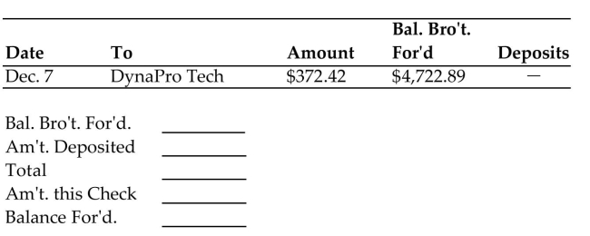 <strong>Find the balance forward for the check stub.  </strong> A)$4,722.89 B)$5,095.31 C)$4,350.47 D)$372.42 <div style=padding-top: 35px> 