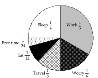 The graph represents the 24-hour day of a small-business owner. -If worry is another form of work, what fraction of the day is spent working?