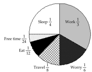 The graph represents the 24-hour day of a small-business owner. -How many hours of the day are given to free time and eating?