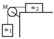 <strong>A mass m<sub>1</sub> is connected by a light string that passes over a pulley of mass M to a mass m<sub>2</sub> sliding on a frictionless horizontal surface as shown in the figure. There is no slippage between the string and the pulley. The pulley has a radius of 25.0 cm and a moment of inertia of ½ MR<sup>2</sup>. If m<sub>1</sub> is 1.00 kg, m<sub>2</sub> is 2.00 kg, and M is 4.00 kg, then what is the downward acceleration of m<sub>1</sub>? </strong> A) 1.55 m/s<sup>2</sup> B) 1.96 m/s<sup>2</sup> C) 2.06 m/s<sup>2</sup> D) 2.33 m/s<sup>2</sup> E) 2.72 m/s<sup>2</sup>