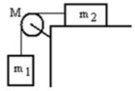 <strong>A mass m<sub>1</sub> is connected by a light string that passes over a pulley of mass M to a mass m<sub>2</sub> sliding on a frictionless horizontal surface as shown in the figure. There is no slippage between the string and the pulley. The pulley has a radius of 25.0 cm and a moment of inertia of ½ MR<sup>2</sup>. If m<sub>1</sub> is 4.00 kg, m<sub>2</sub> is 4.00 kg, and M is 4.00 kg, then what is the tension in the string attached to m<sub>1</sub>? </strong> A) 35.6 N B) 32.7 N C) 31.0 N D) 29.0 N E) 23.5 N