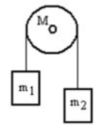 <strong>A mass m<sub>1</sub> is connected by a light string that passes over a pulley of mass M to a mass m<sub>2</sub> as shown in the figure. Both masses move vertically and there is no slippage between the string and the pulley. The pulley has a radius of 30.0 cm and a moment of inertia of MR<sup>2</sup>. If m<sub>1</sub> is 4.00 kg, m<sub>2</sub> is 3.00 kg and M is 6.00 kg, then what is the magnitude of the acceleration of the masses? </strong> A) 0.695 m/s<sup>2</sup> B) 0.703 m/s<sup>2</sup> C) 0.731 m/s<sup>2</sup> D) 0.754 m/s<sup>2</sup> E) 0.805 m/s<sup>2</sup>