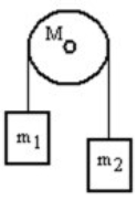 <strong>A mass m<sub>1</sub> is connected by a light string that passes over a pulley of mass M to a mass m<sub>2</sub> as shown in the figure. Both masses move vertically and there is no slippage between the string and the pulley. The pulley has a radius of 30.0 cm and a moment of inertia of MR<sup>2</sup>. If m<sub>1</sub> is 4.00 kg, m<sub>2</sub> is 3.00 kg and M is 6.00 kg, then what is the tension in the string that is attached to m<sub>2</sub>? </strong> A) 20.7 N B) 25.5 N C) 31.7 N D) 35.2 N E) 41.3 N