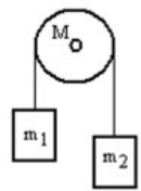<strong>A mass m<sub>1</sub> is connected by a light string that passes over a pulley of mass M to a mass m<sub>2</sub> as shown in the figure. Both masses move vertically and there is no slippage between the string and the pulley. The pulley has a radius of 20.0 cm and a moment of inertia of ½ MR<sup>2</sup>. If m<sub>1</sub> is 3.00 kg, m<sub>2</sub> is 6.00 kg and M is 4.00 kg, then what is the tension in the string that is attached to mass m<sub>1</sub>? </strong> A) 20.8 N B) 27.4 N C) 30.2 N D) 37.4 N E) 43.5 N