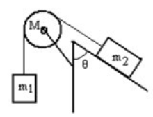 <strong>A mass m<sub>1</sub> is connected by a light string that passes over a pulley of mass M to a mass m<sub>2</sub> sliding on a frictionless incline as shown in the figure. There is no slippage between the string and the pulley. The pulley has a radius of 25.0 cm and a moment of inertia of ½ MR<sup>2</sup>. If m<sub>1</sub> is 2.00 kg, m<sub>2</sub> is 1.00 kg, M is 4.00 kg, and the angle is 60.0 degrees, then what is the acceleration of m<sub>1</sub>? </strong> A) 3.98 m/s<sup>2</sup> down B) 3.27 m/s<sup>2</sup> down C) 3.15 m/s<sup>2</sup> down D) 2.94 m/s<sup>2</sup> down E) 1.64 m/s<sup>2</sup> down
