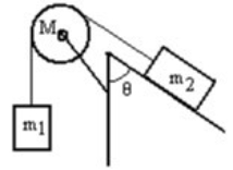 <strong>A mass m<sub>1</sub> is connected by a light string that passes over a pulley of mass M to a mass m<sub>2</sub> sliding on a frictionless incline as shown in the figure. There is no slippage between the string and the pulley. The pulley has a radius of 25.0 cm and a moment of inertia of ½ MR<sup>2</sup>. If m<sub>1</sub> is 1.00 kg, m<sub>2</sub> is 2.00 kg, M is 4.00 kg, and the angle is 60.0 degrees, then what is the acceleration of m<sub>1</sub>? </strong> A) 0.00 m/s<sup>2</sup> B) 1.20 m/s<sup>2</sup> C) 1.80 m/s<sup>2</sup> D) 2.20 m/s<sup>2</sup> E) 2.80 m/s<sup>2</sup>