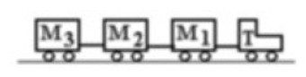 In the figure, an airport luggage-carrying train with a tractor T is pulling three luggage carts, M<sub>1</sub>, M<sub>2</sub>, and M<sub>3</sub> with an acceleration of 1.2 m/s<sup>2</sup>. If T = 300 kg, M<sub>1</sub> = 200 kg, M<sub>2</sub> = 100 kg, and M<sub>3</sub> = 100 kg, and air resistance is negligible, then the tension in the connection between cart M<sub>2</sub> and cart M<sub>1</sub> is