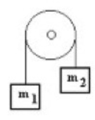 Two masses are suspended by a cord that passes over a pulley with negligible mass. The cord also has negligible mass. One of the masses, m<sub>1</sub>, has a mass of 6.0 kg and the other mass, m<sub>2</sub>, has a mass of 4.0 kg. The force of the cord attached to m<sub>1</sub> is about