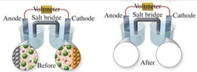 The figure shows a molecular-level representation of the following voltaic cell: Mg(s)+ Sn<sup>2+</sup>(aq)→ Mg<sup>2+</sup>(aq)+ Sn(s)When drawing the after representation one would note that