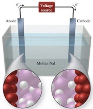 The figure shows the electrolysis of molten NaI. What reaction occurs at the anode of this cell?  