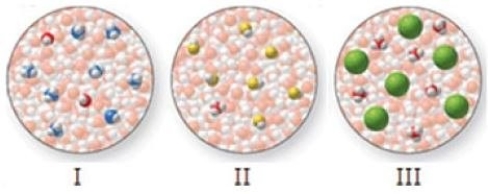 <strong>Match the molecular-level diagrams to each of the following compounds in aqueous solution: HCl, HF, NH<sub>3</sub> </strong> A)I = HCl, II = HF, III = NH<sub>3</sub> B)I = HF, II = HCl, III = NH<sub>3</sub> C)I = HF, II = NH<sub>3</sub>, III = HCl D)I = NH<sub>3</sub>, II = HF, III = HCl E)I = NH<sub>3</sub>, II = HCl, III = HF
