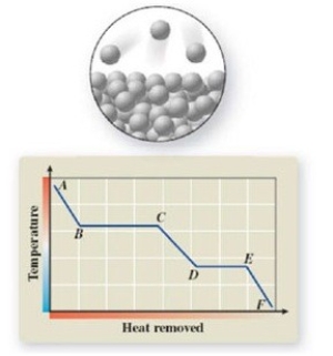 <strong>The pictured change of state occurs at constant temperature even though heat is being removed. Where does this change of state occur on the cooling curve? </strong> A)AB B)BC C)CD D)DE E)EF