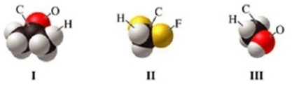 <strong>Which of the molecules in the figure has hydrogen bonding in the pure liquid state? </strong> A)I only B)II only C)III only D)II and III E)I and II
