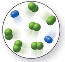 When the mixture of molecules shown in the molecular-level image undergoes complete reaction, all of these molecules are converted to products. Which of the following reactions could this represent?