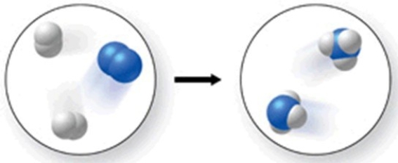 <strong>The figure shows a molecular-level diagram of the chemical reaction between hydrogen and nitrogen to form ammonia. What is wrong with this diagram? </strong> A)The products contain more nitrogen atoms than the reactants. B)The products contain more hydrogen atoms than the reactants. C)The number of reactant molecules should equal the number of product molecules. D)The products should contain some unreacted hydrogen. E)The product ammonia molecules should have only two hydrogen atoms attached to nitrogen.