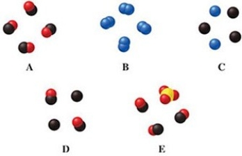 <strong>Which image(s)in the figure represents a pure elemental substance?  </strong> A)image A B)image B C)image C D)images A and B E)image E <div style=padding-top: 35px> 