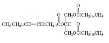 <strong>Examine the following triglyceride. If this triglyceride is subjected to hydrogenation, how many moles of H<sub>2</sub> will be consumed per mole of this reactant?</strong> A) 1 mol B) 2 mol C) 3 mol D) 4 mol E) This triglyceride will not react with H<sub>2</sub>.
