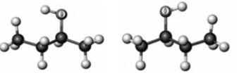 Consider the following two ball-and-stick models. Elements other than hydrogen and carbon are labeled. If a solution contains 0.0500 mol of each substance, which of the following describes the solution?