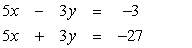 <strong>Solve by the addition method: </strong> A) No solution B) (-6,-9) C) Dependent. The solutions satisfy . D) (-9,-14) E) (-3, -4)